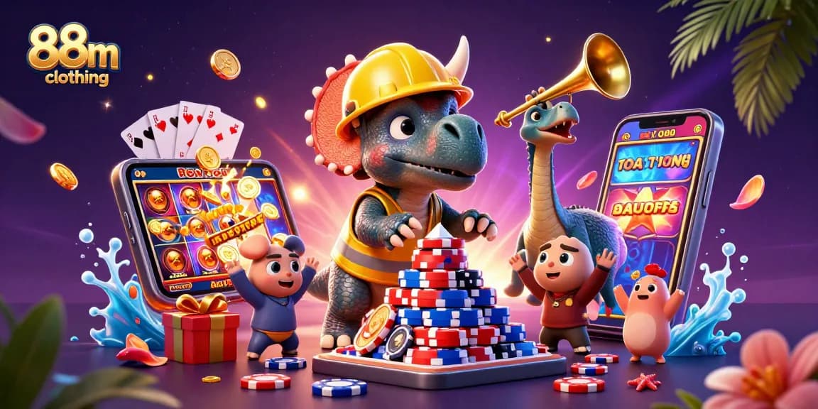 Join the fun of 88m clothing with a vibrant casino scene featuring a triceratops and unique gaming elements.