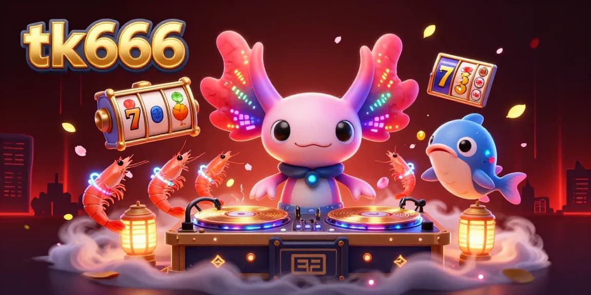 tk666 casino features a vibrant axolotl DJ and slot game elements in a lively underwater scene