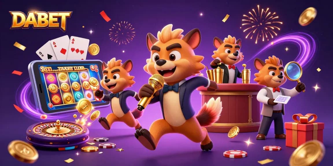 DABET leads with exciting games and vibrant atmosphere featuring hyena characters in a comedy casino scene.