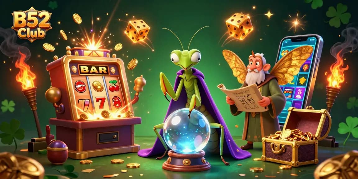 Spin the jackpot at B52 Club with vibrant 3D illustration featuring fortune tellers and casino elements.