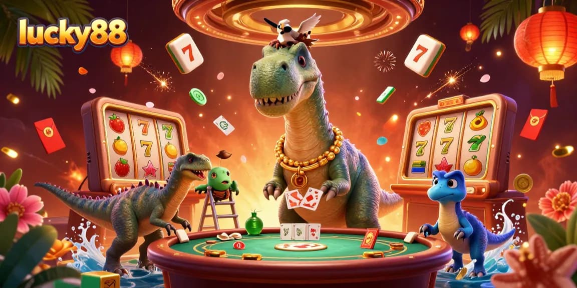 Experience lucky88 with a playful brontosaurus and raptor dealers at a vibrant casino scene.