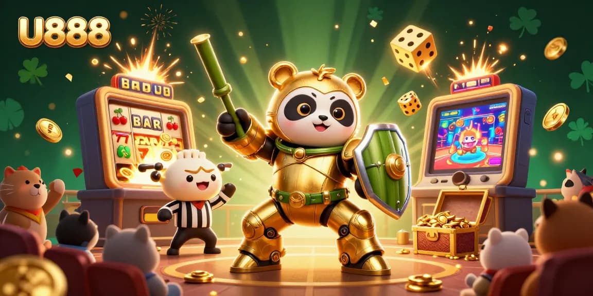 Experience thrilling U888 gameplay with a vibrant illustration of casino excitement and characters.