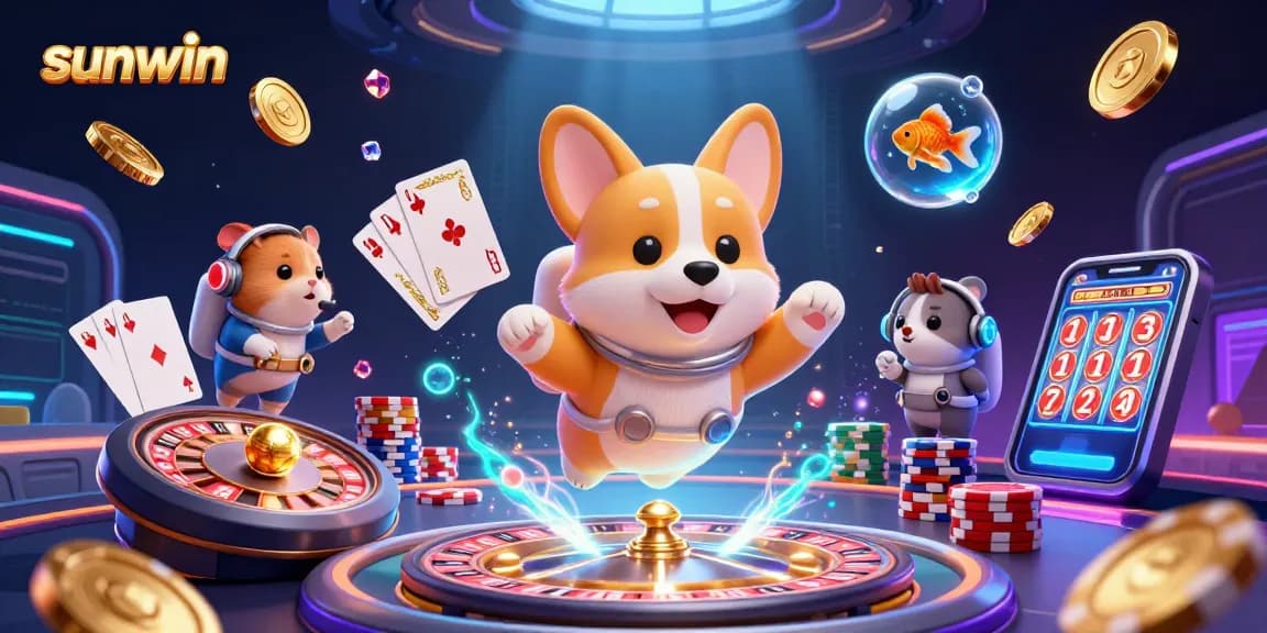 Sunwin spins to victory with a lively scene featuring an astronaut corgi engaging in casino thrills.