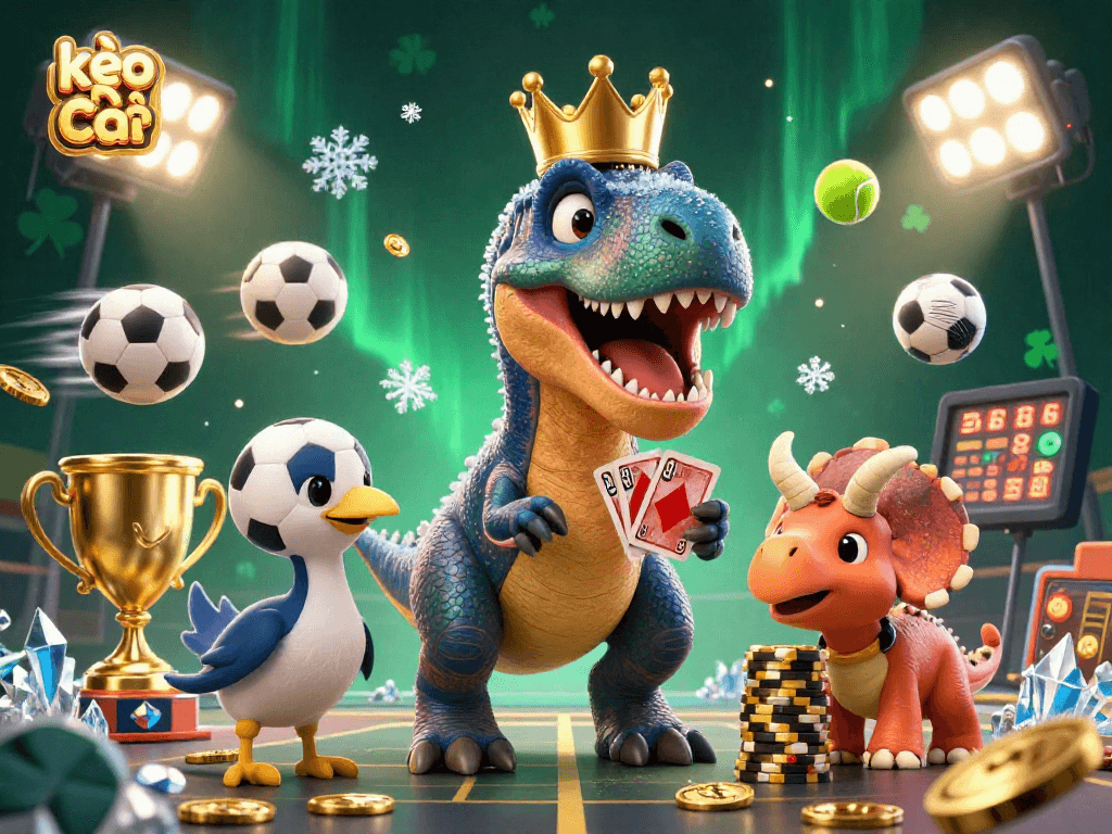 Engaging scene of friendly characters representing kèo nhà cái with sports elements and dynamic action.