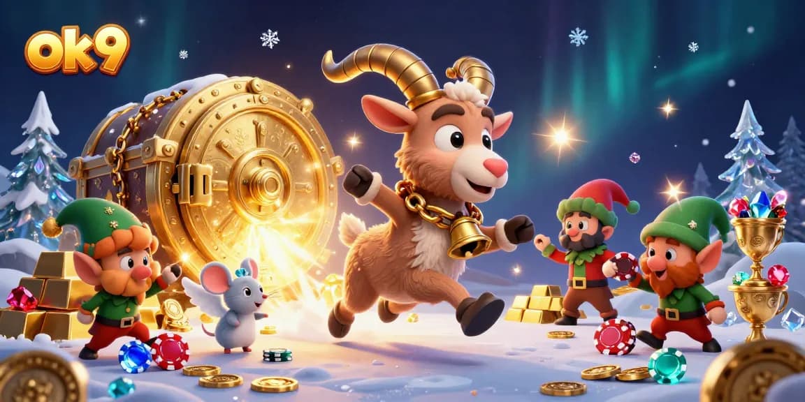 Experience the thrill of winning at the OK9 casino with festive characters amidst gold and gems.
