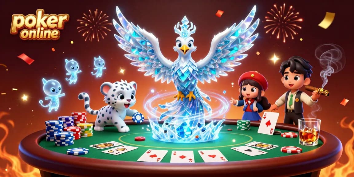 Experience poker online with an ice phoenix, snow leopard cub, and poker elements in a vibrant scene.