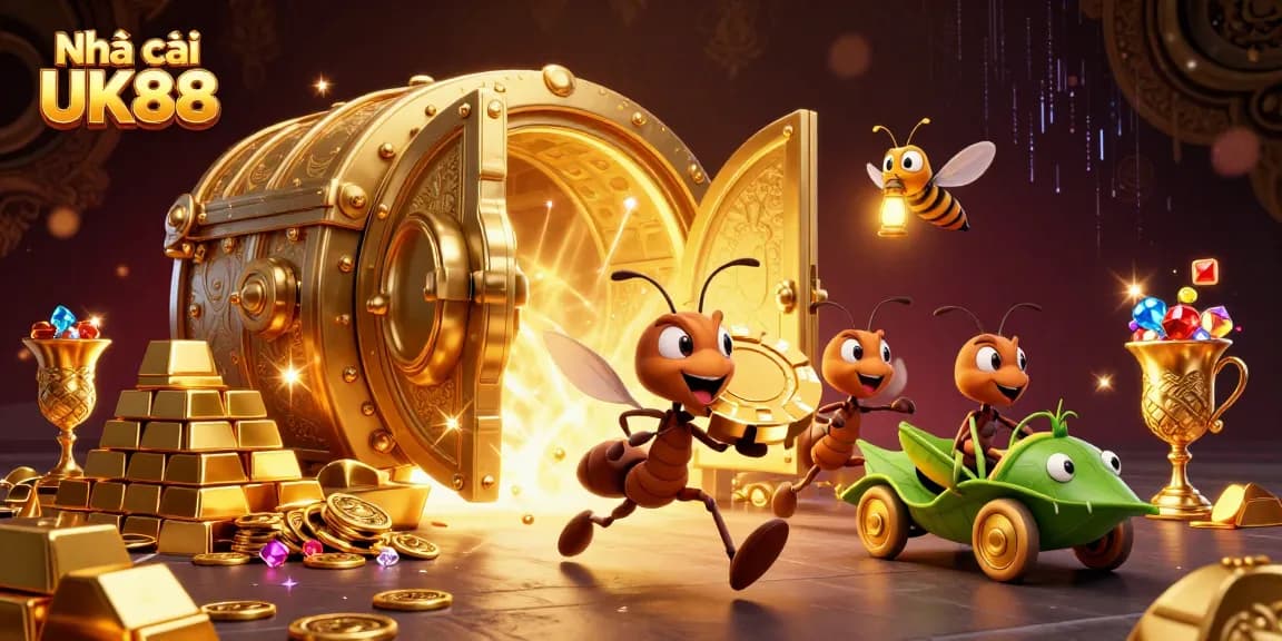 Experience the thrill of the heist at Nhà cái UK88 with excited ants and glowing treasures.