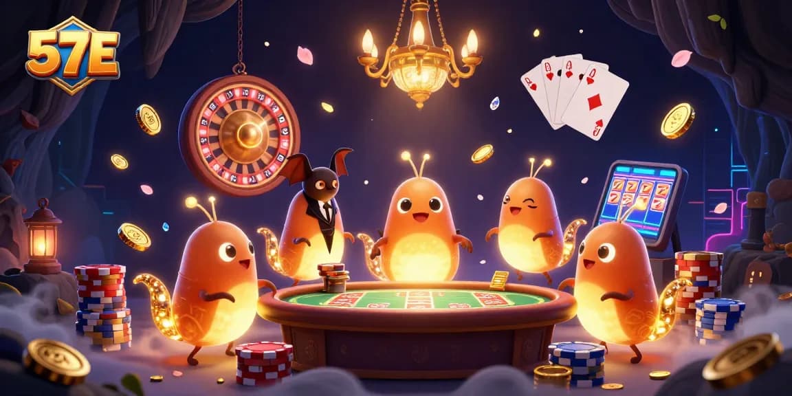 Engage with 57E's vibrant casino scene featuring glowworms, dazzling coins, and lively game elements.
