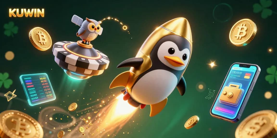 KUWIN's dynamic 3D casino theme features a golden penguin racing through space with coins, showcasing exciting gaming elements.