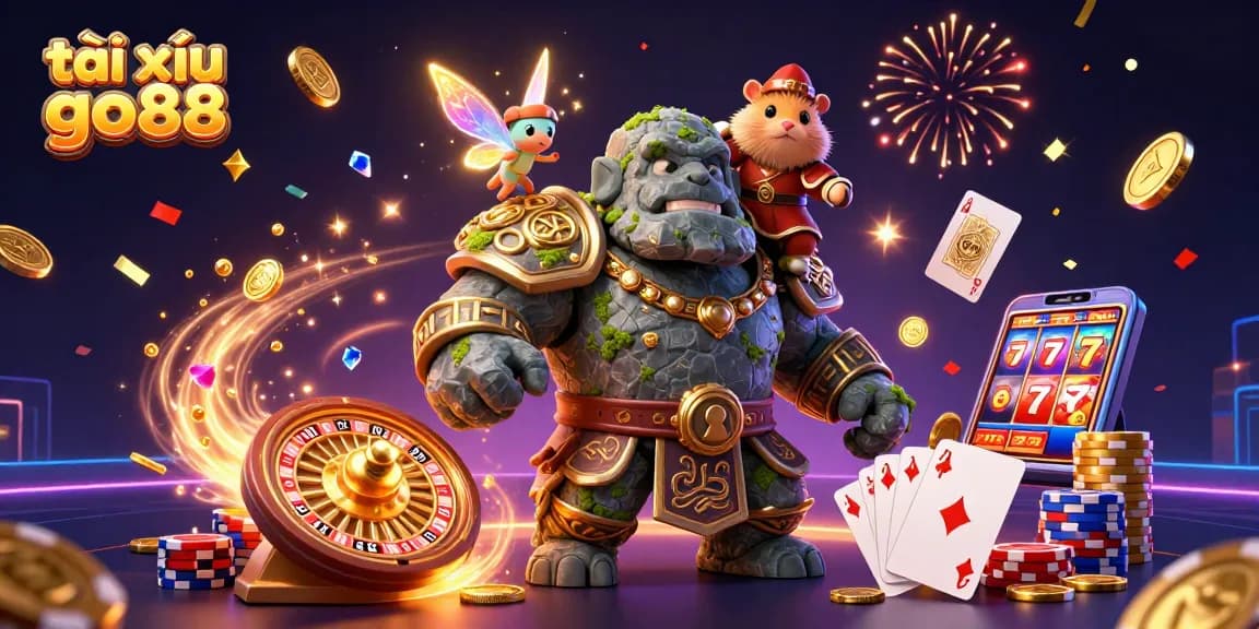 The ancient guardian and friends celebrate winning big at tài xỉu go88 with cascades of coins and magic.
