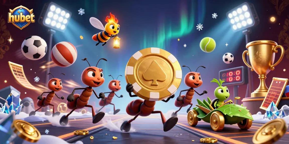 hubet players placing bets on a golden poker chip while navigating a dynamic casino scene