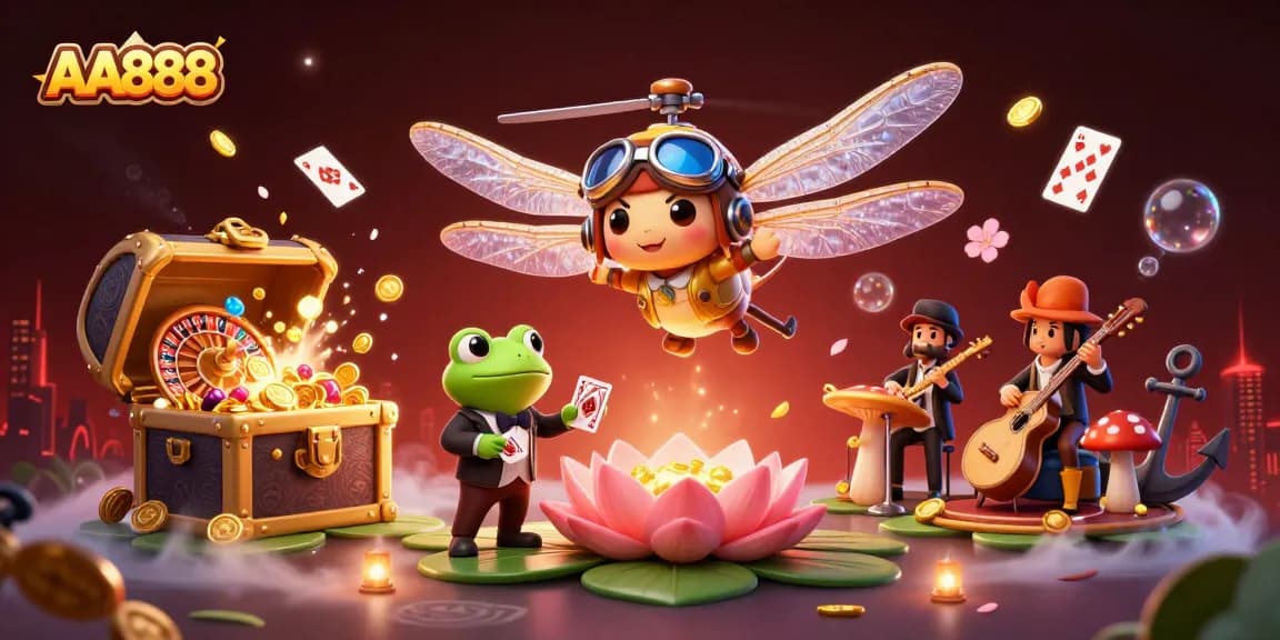 Engage with thrilling action in the AA888-themed 3D casino illustration, showcasing vibrant characters and gameplay elements.