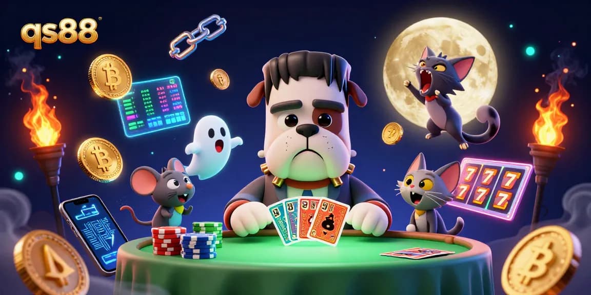 qs88 engages players at a spooky table with a Frankenstein bulldog dealer surrounded by glowing crypto coins