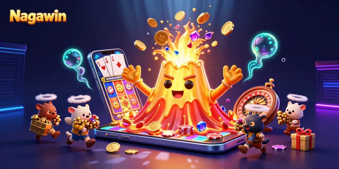 Nagawin launches with a thrilling eruption of coins and treasures from a volcano in a vibrant casino-themed scene.
