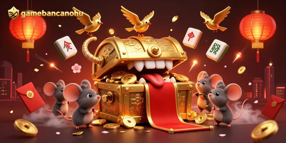 Engaging with gamebancanohu, adventurer mice are lured by a treasure chest mimic surrounded by dynamic casino elements.