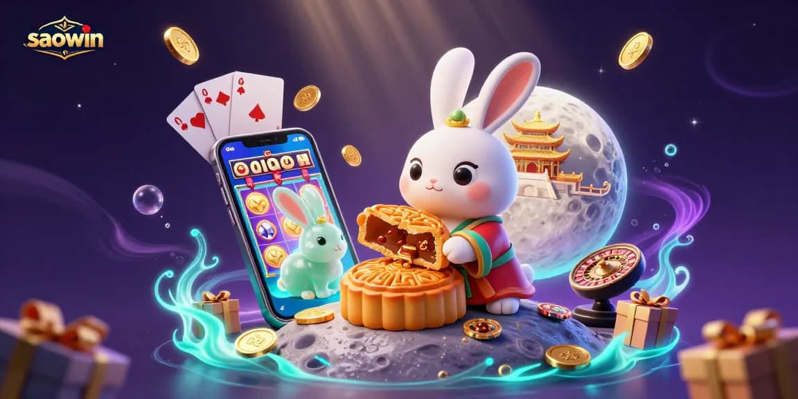 Play slots and win at saowin, featuring a rabbit pounding mooncakes revealing poker chips, surrounded by vibrant casino elements.