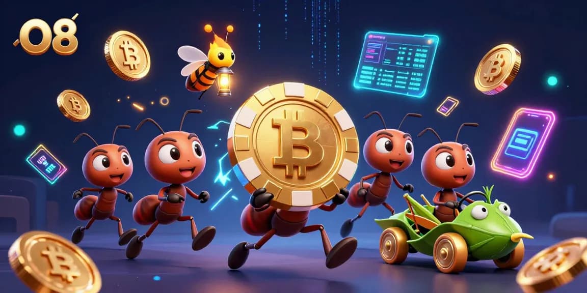 O8 gains an edge by strategizing a heist with cartoon ants, crypto coins, and vibrant casino elements.