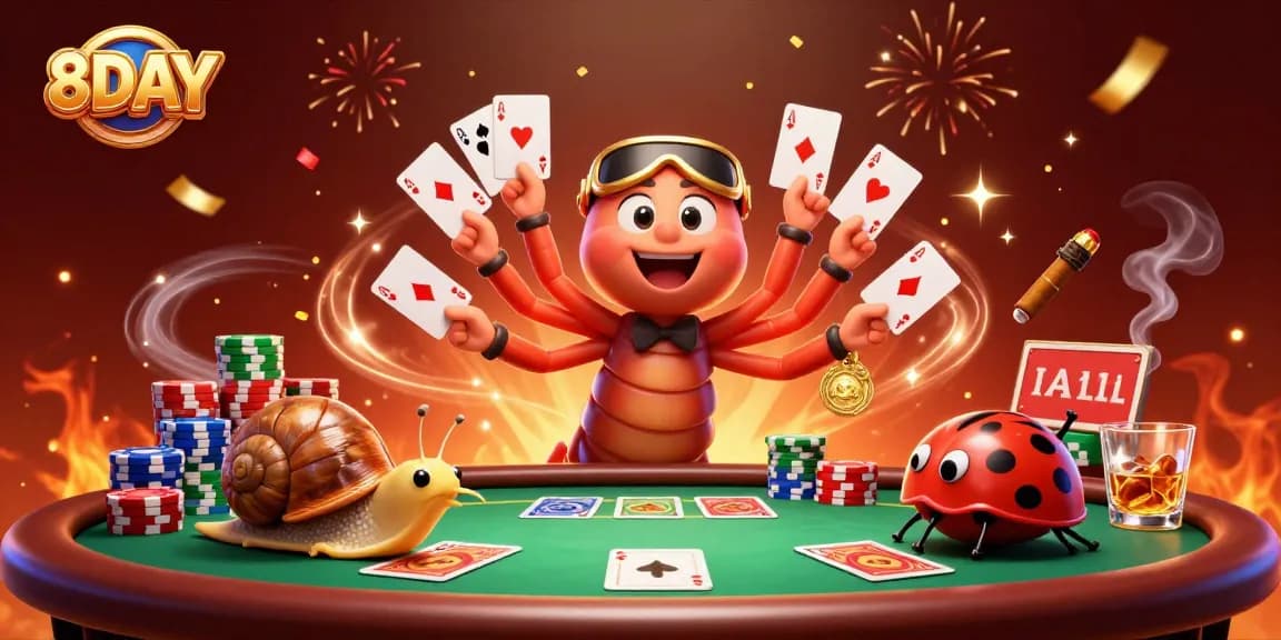 Experience the thrill of winning with 8DAY's exciting poker illustration featuring vibrant casino action.