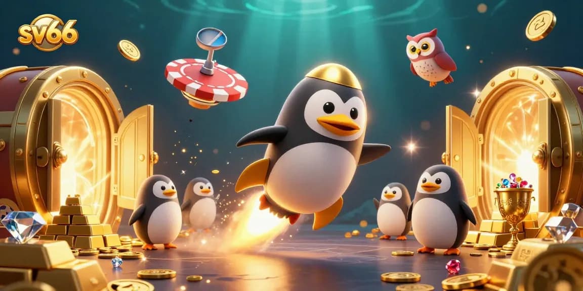 Experience thrilling gameplay at sv66 with vibrant 3D illustrations showcasing a golden penguin in a casino setting.