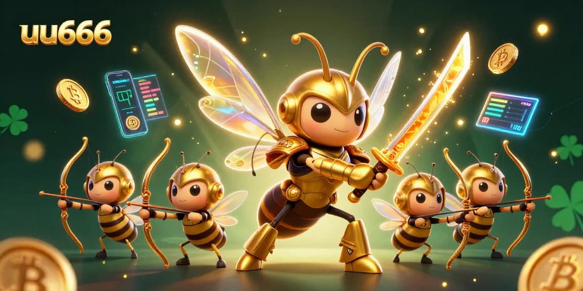 uu666 engages players with exciting casino adventures, showcasing a vibrant scene with golden hornet warriors.