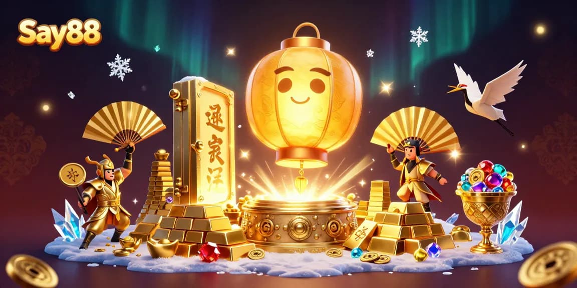 Experience Say88 excitement with a giant lantern spirit, treasures, and casino elements lighting up the scene.