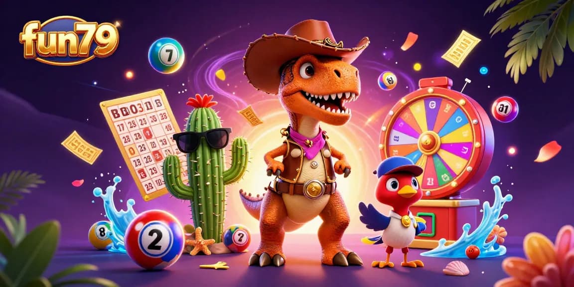 fun79 engages players in a vibrant 3D casino scene with T-Rex, colorful lottery balls, and dynamic action.