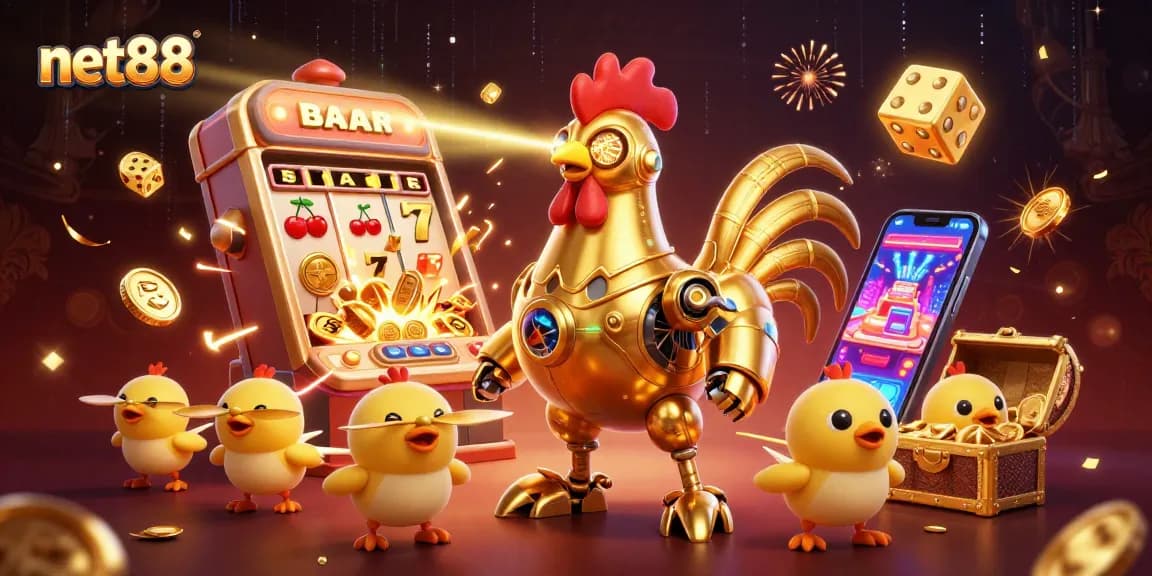 net88 showcases a dynamic casino scene with a golden rooster robot and slot machine explosion.