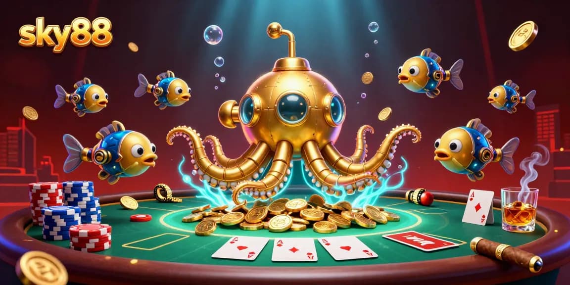Engage with the sky88 experience through this vibrant casino illustration showcasing poker elements and a golden kraken.