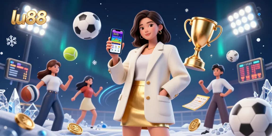 Engage with lu88's exciting sports betting app, featuring dynamic sports balls and a golden trophy.