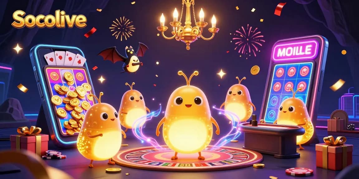 Socolive brings alive a casino scene with colorful glowworms and vibrant game elements.