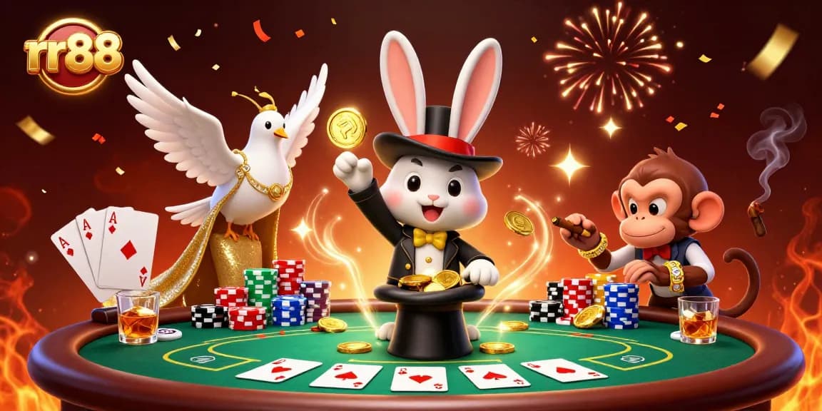 Engage with rr88 at a vibrant poker scene featuring a magician rabbit, dove, and monkey amidst colorful chips.