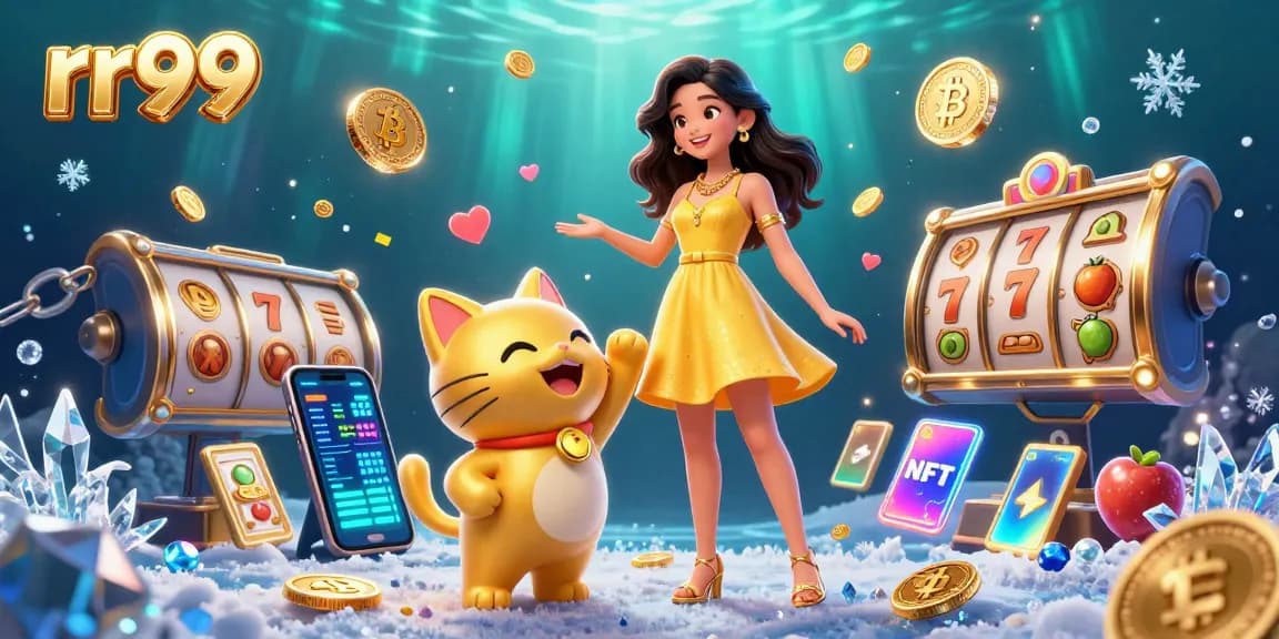Experience rr99's vibrant casino atmosphere with a cheerful woman and lucky cat amidst rich game elements.