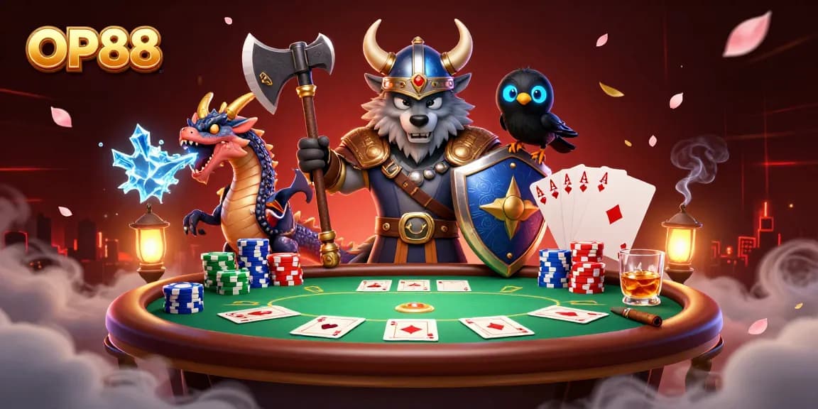 Experience thrilling action at OP88 with a Viking wolf warrior and an ice-breathing dragon in this dynamic casino scene.