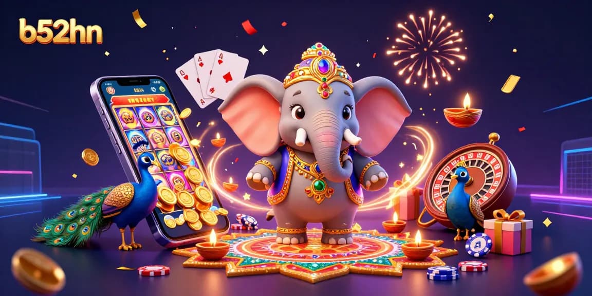 b52hn presents a vibrant casino scene with an elephant, peacock, and gaming elements for a festive experience.