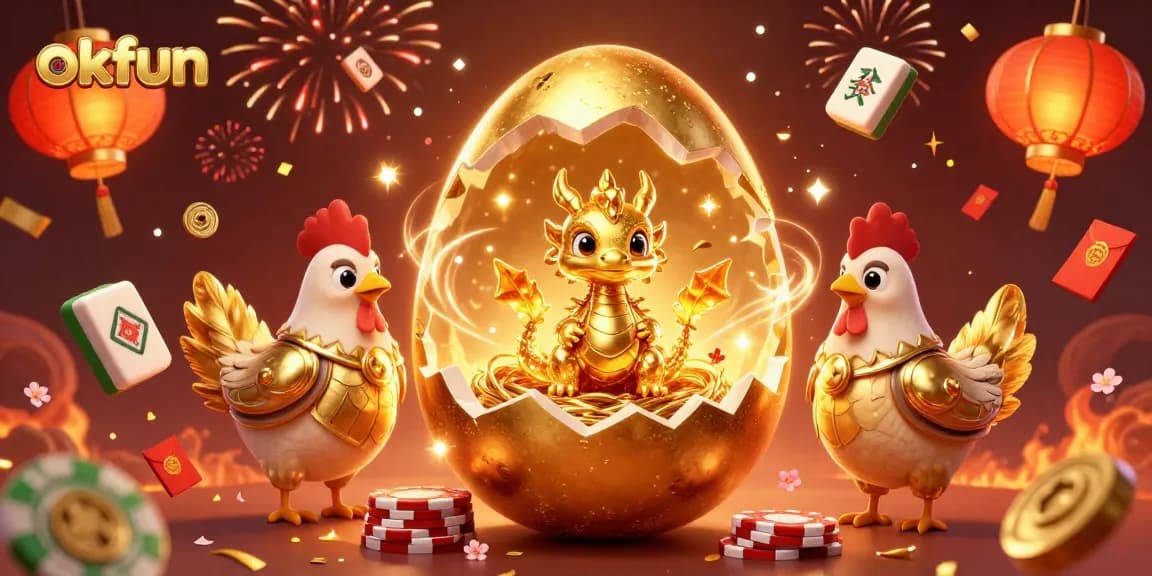 Engage in the excitement of OKFUN with a golden dragon amidst poker chips and festive elements.