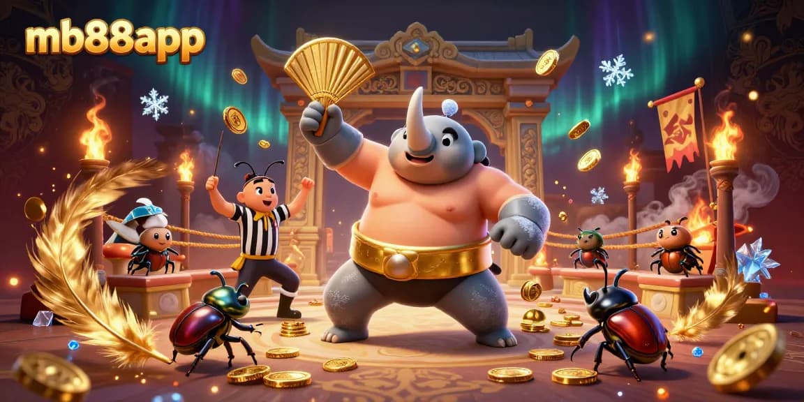 Experience thrilling moments at mb88app with an exciting 3D casino scene featuring beetle champions and golden treasures.