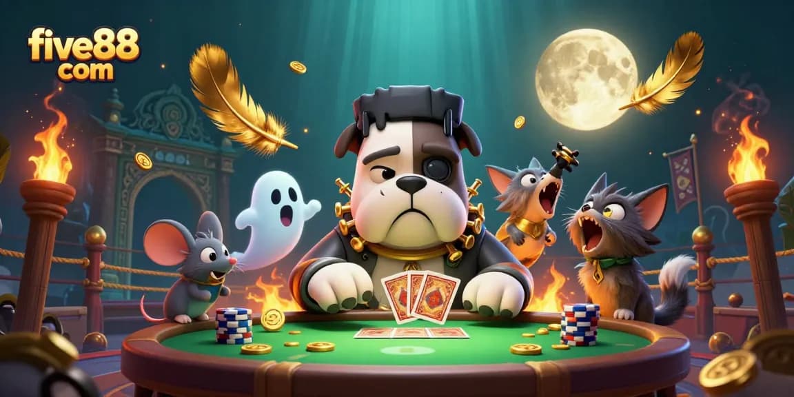 Engage with five88 com at a vibrant casino scene featuring a bulldog monster dealing cards.