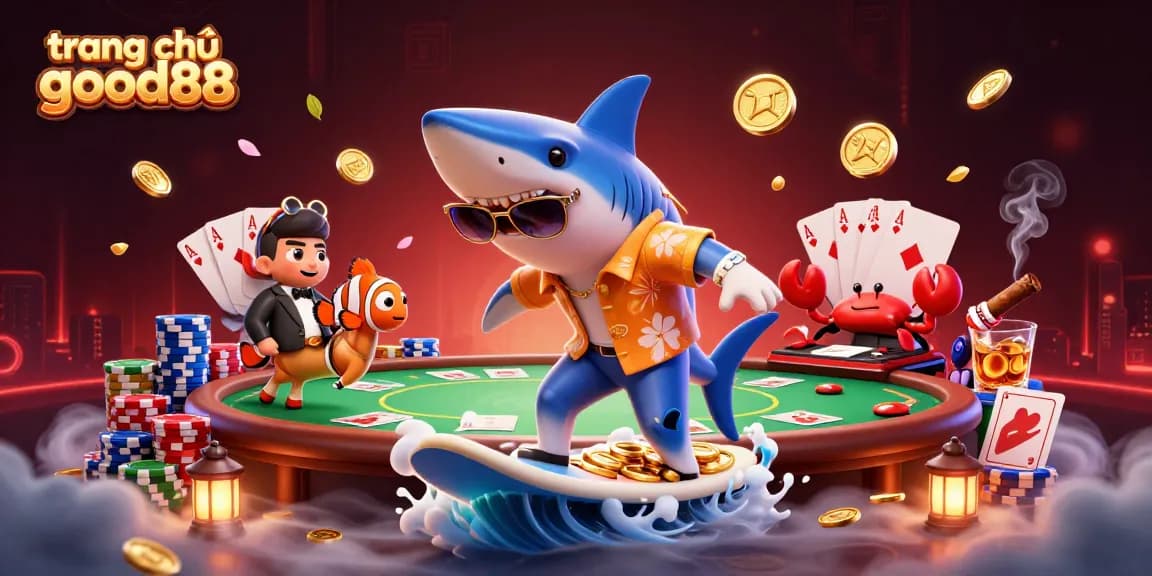 Engage with the vibrant world of trang chủ good88 as a shark surfs through gold coins amidst thrilling poker elements.
