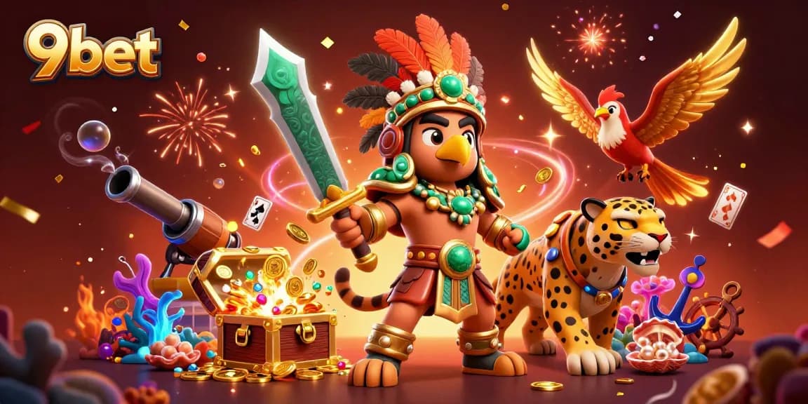 Engage in thrilling gameplay with 9bet, featuring vivid Aztec characters and casino elements.