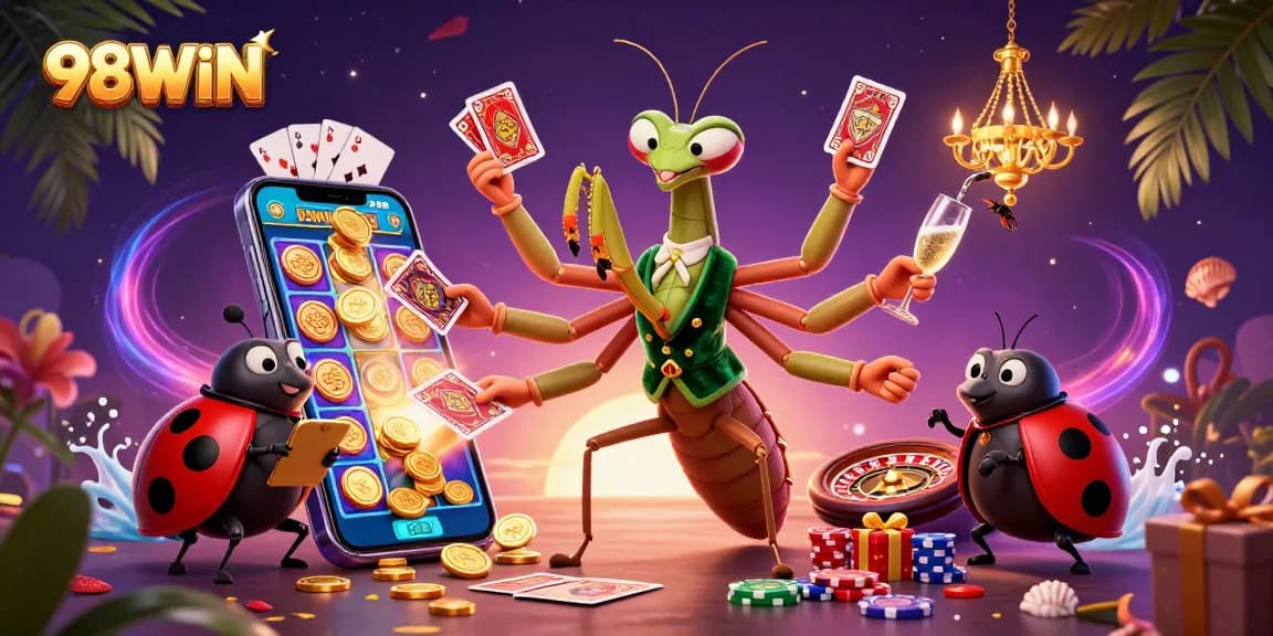 Experience thrilling gaming action with 98WIN's vibrant casino scene featuring characters and exciting elements.
