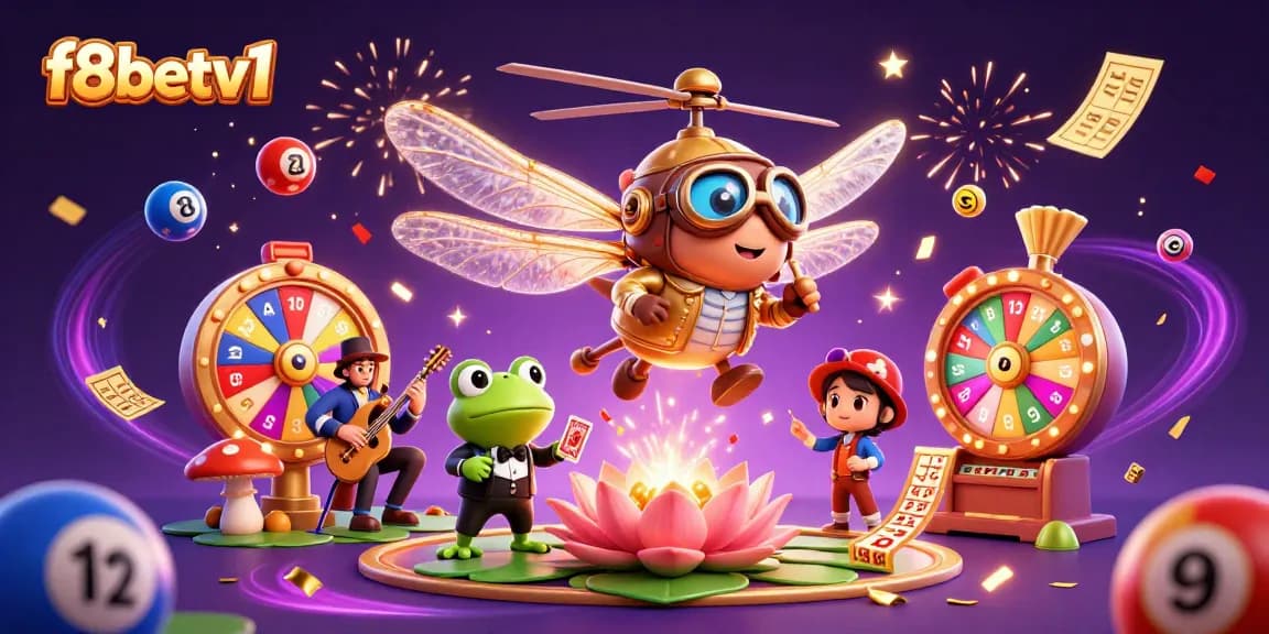 f8betv1 features a vibrant casino scene with a dragonfly pilot and frog dealer amidst lottery elements.