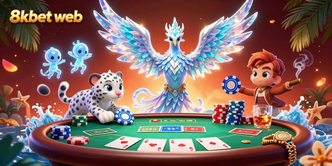 Experience the thrill of 8xbet web with a dynamic depiction of ice-themed casino characters and elements.