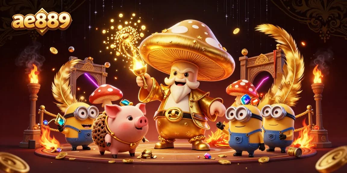 ae889 captures thrilling casino adventures with a golden wizard and treasure-hunting pig.
