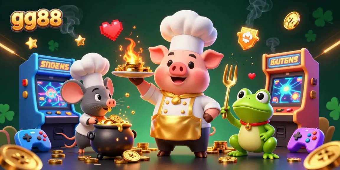 Experience winning moments with gg88 as a chef pig serves golden coins amidst vibrant casino gaming elements.