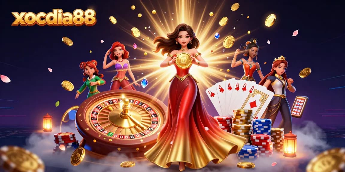 Xocdia88 showcases an ornate Asian woman holding a golden coin surrounded by casino elements.