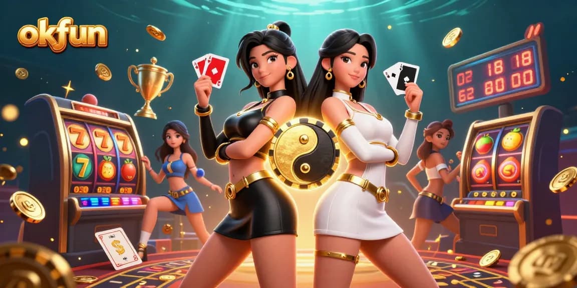 Engage in thrilling gaming at okfun with vibrant 3D illustrations featuring dynamic twin Asian casino players.