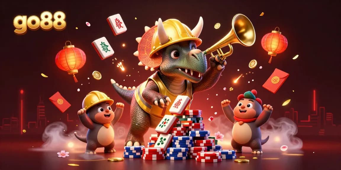 Experience high-energy gameplay at go88 with animated triceratops cheerfully building poker chip pyramids.