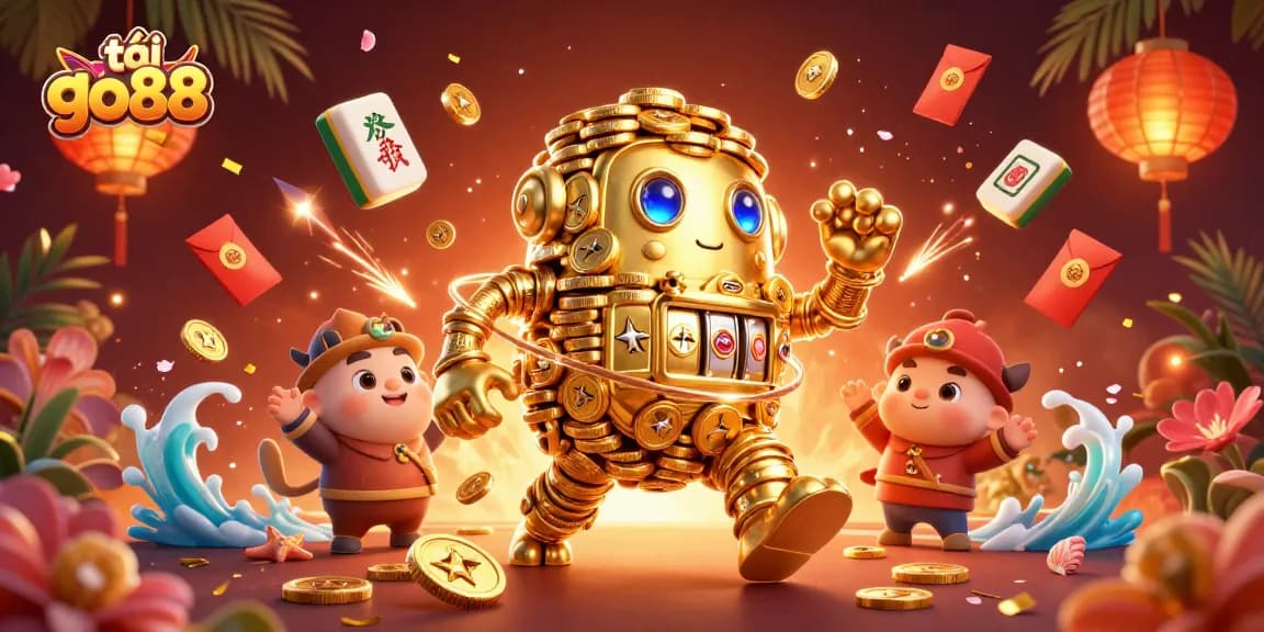 Experience excitement with tải go88 in an ultra-detailed 3D casino scene featuring ancient golden golems and vibrant game elements.