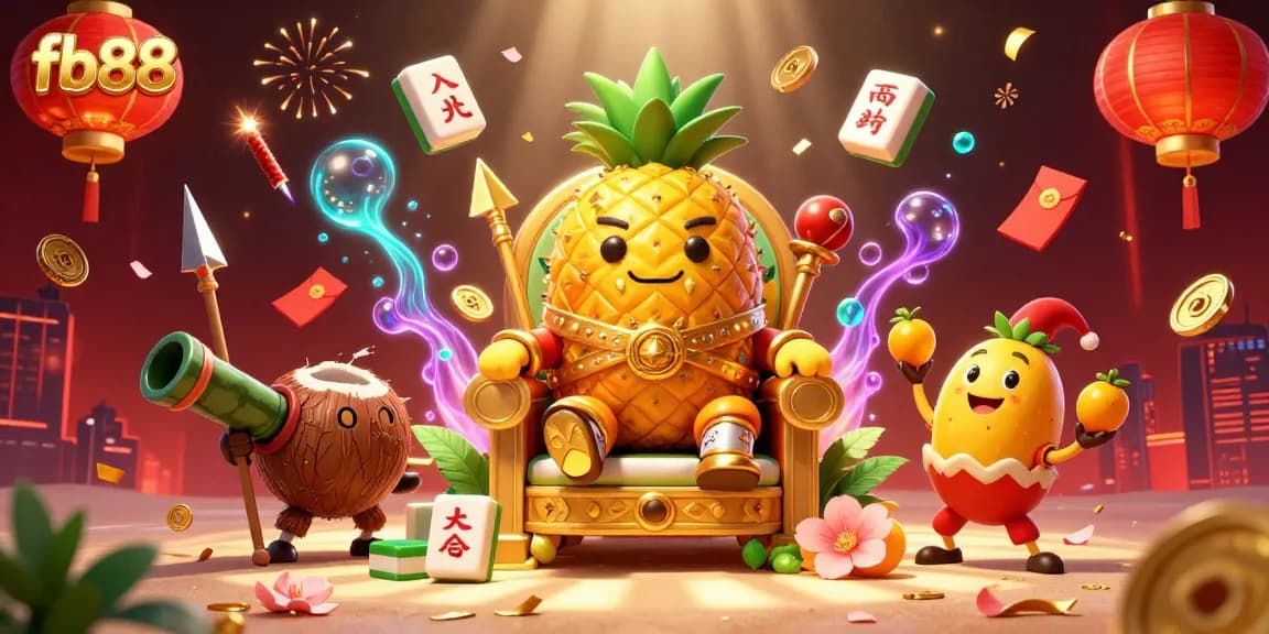 Join the fun at fb88 with a golden pineapple king in a vibrant 3D casino scene.