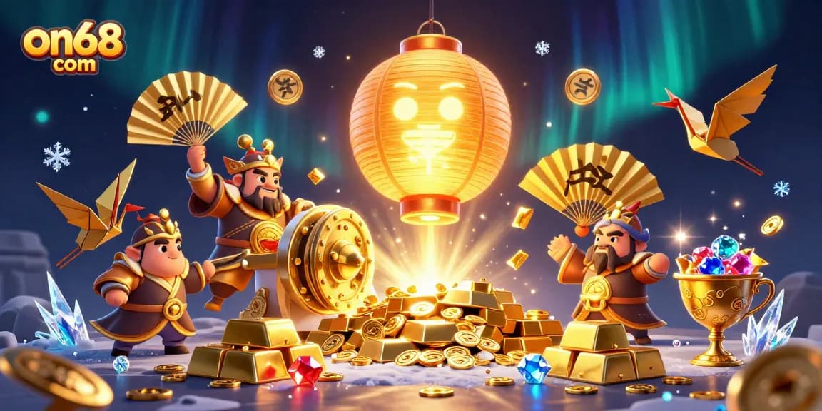Win big with on68 com in a vibrant casino scene featuring gold, lucky symbols, and joyful characters.